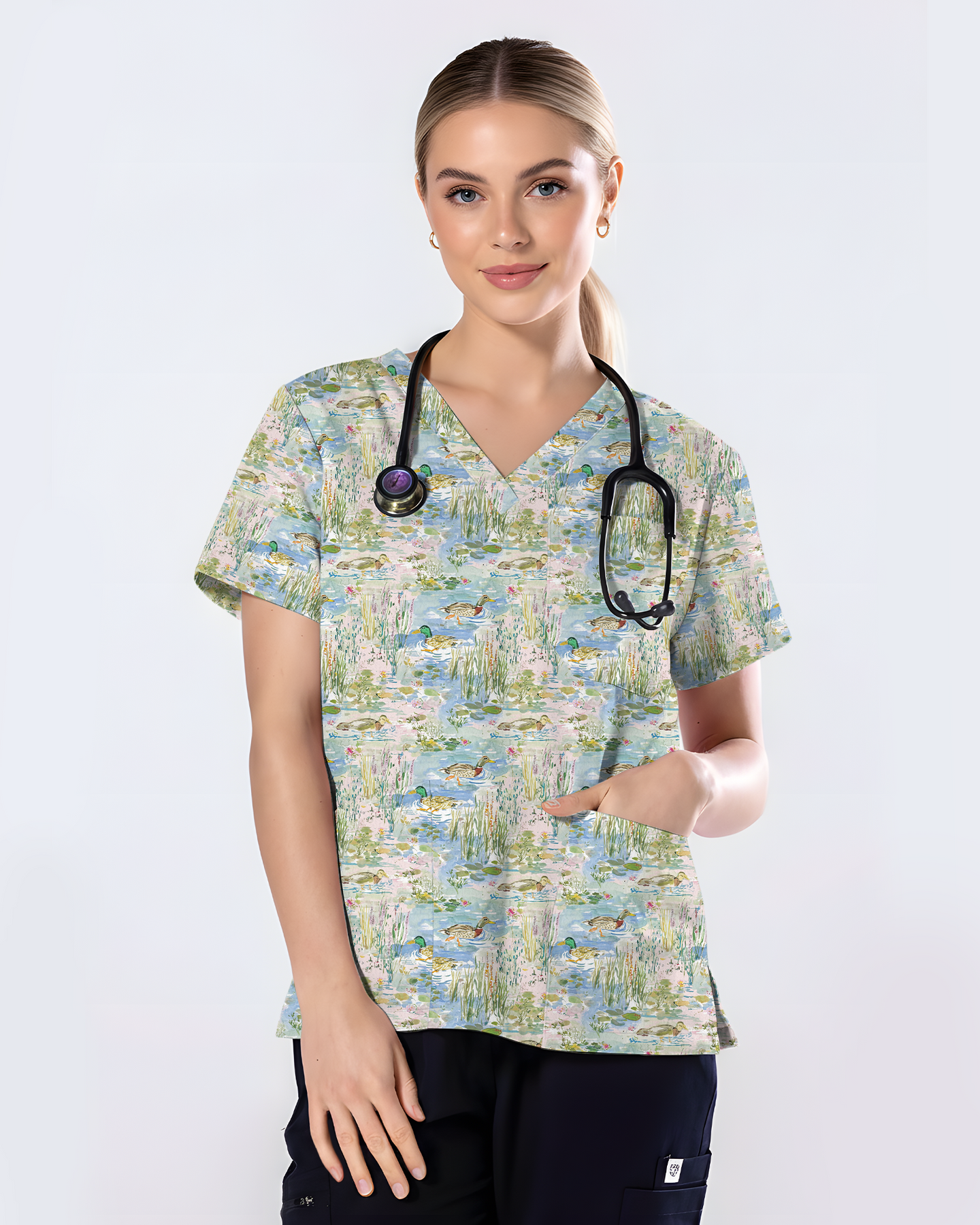 Watercolor Mallard Duck Pond Nurse Scrub Top
