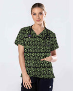 Black Neon Green Clover Medical Scrub Top