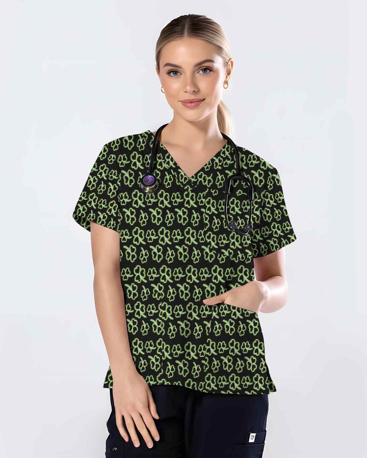 Black Neon Green Clover Medical Scrub Top