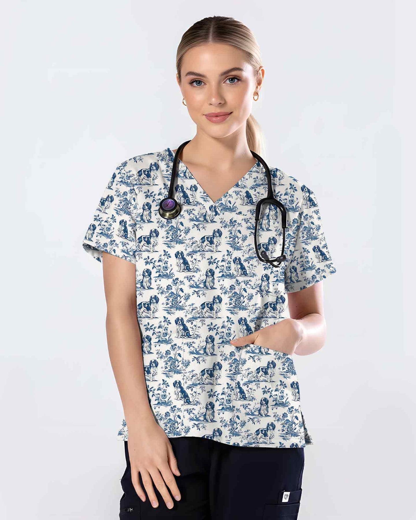 Blue Toile Cavalier King Charles Spaniel Scrub Top