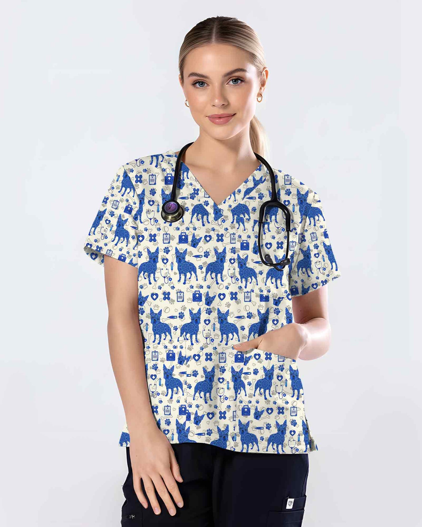 Blue Heeler Dot Art Scrub Top