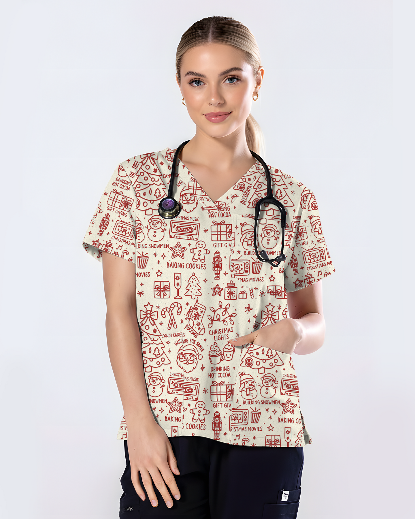 Retro Christmas Doodles Medical Scrub Top