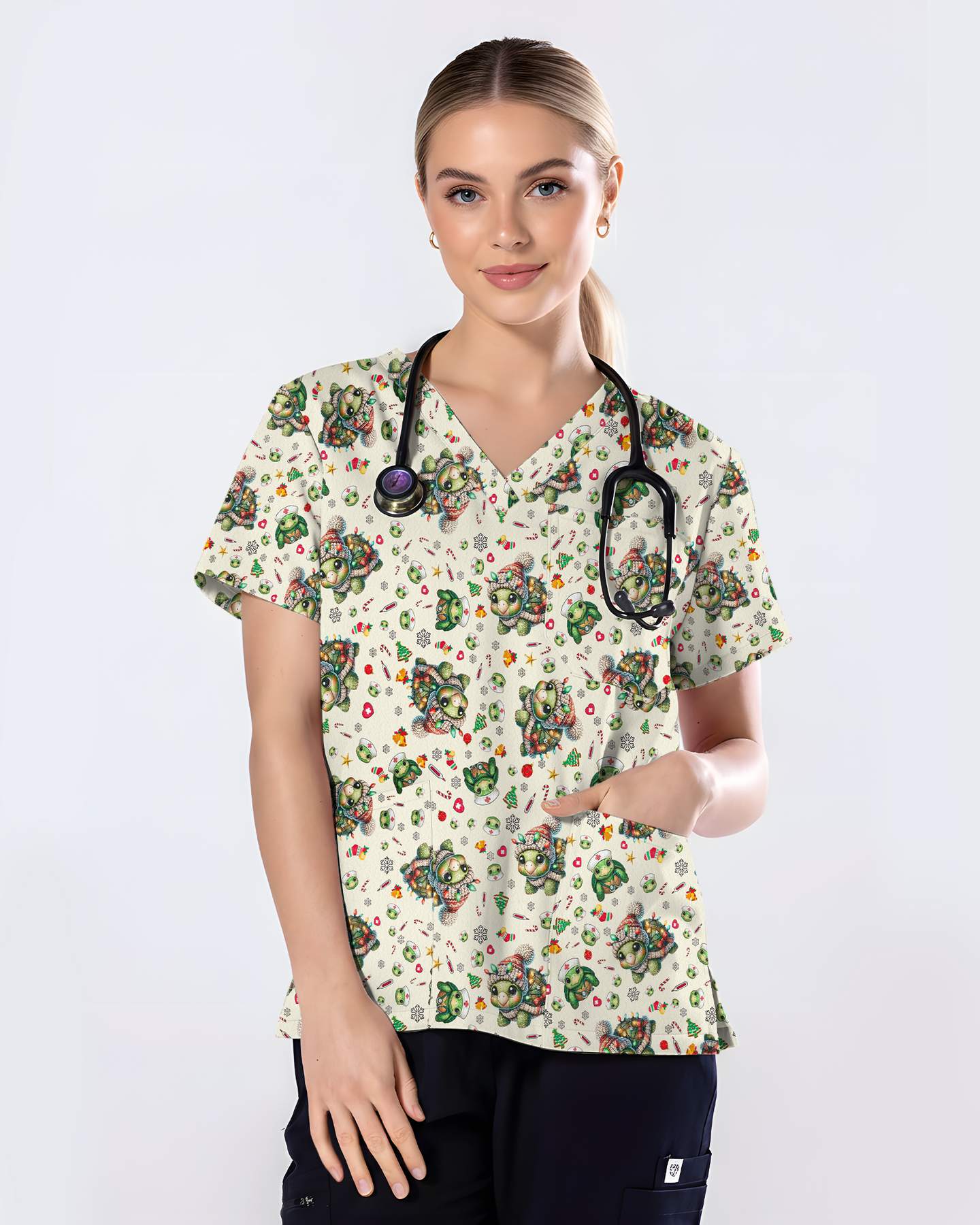 Cute Sea Turtle Nurse Christmas Scrub Top