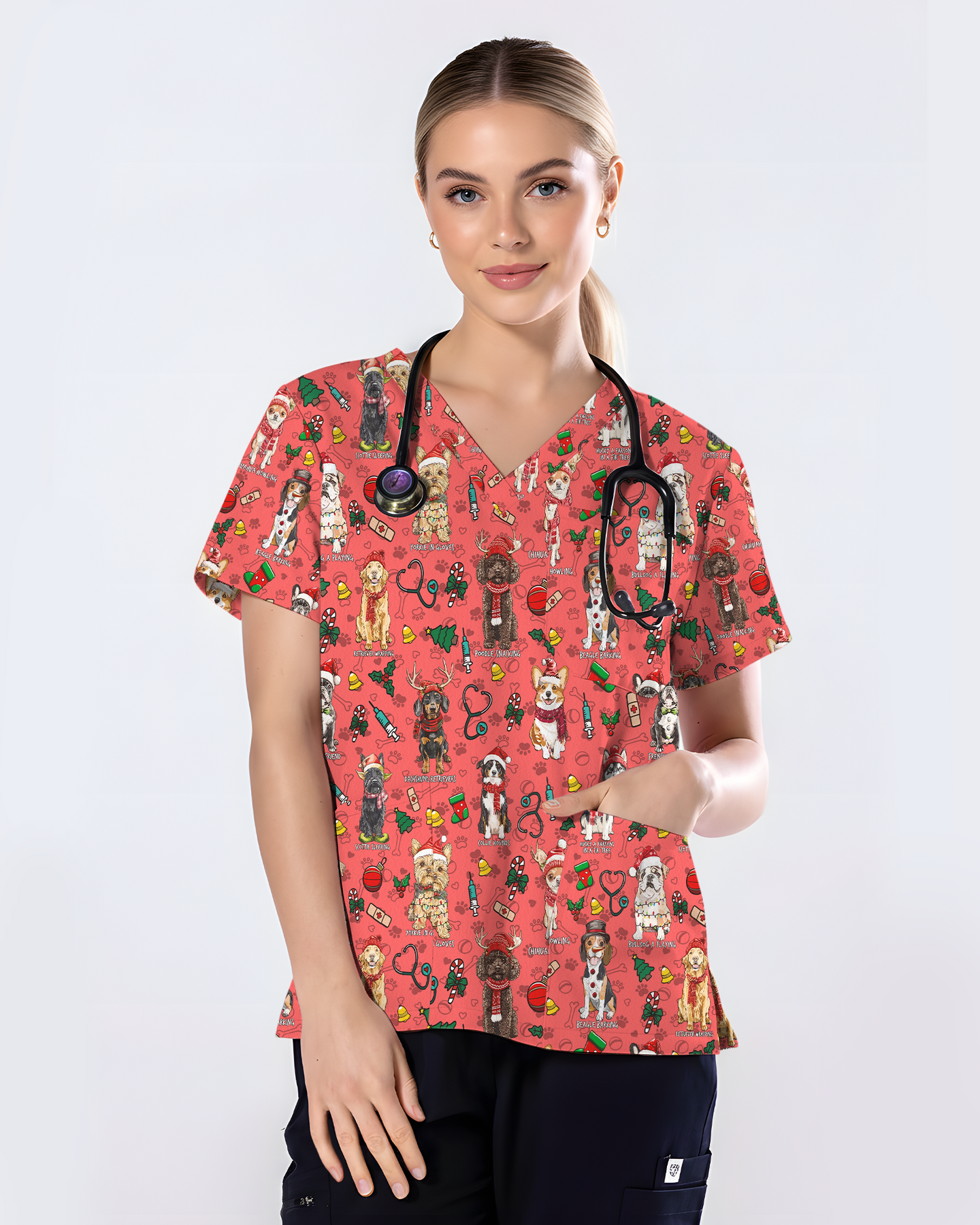Cute Christmas Dog Breeds Medical Scrub Top