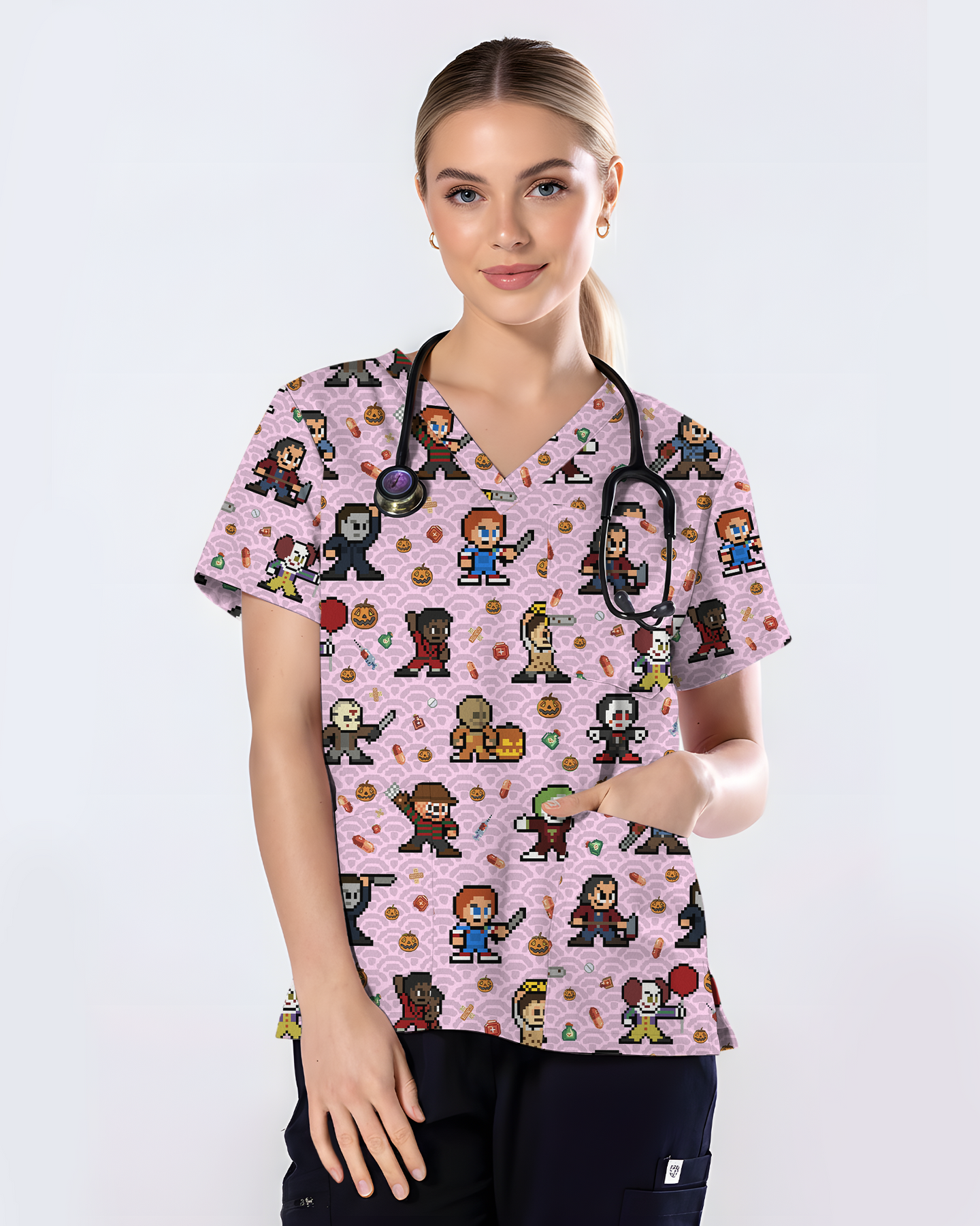 Retro Pixel Horror Movie Monsters Nursing Scrub Top