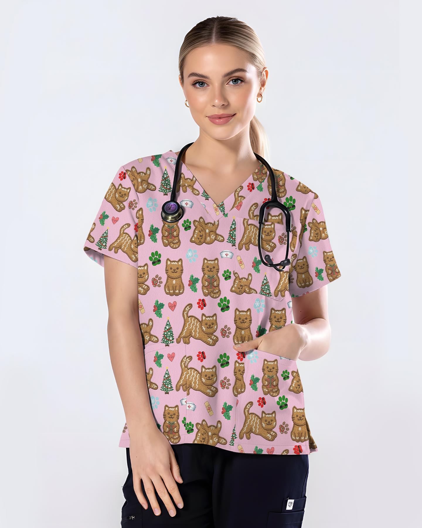 Cute Gingerbread Cat Christmas Medical Nurse Scrub Top