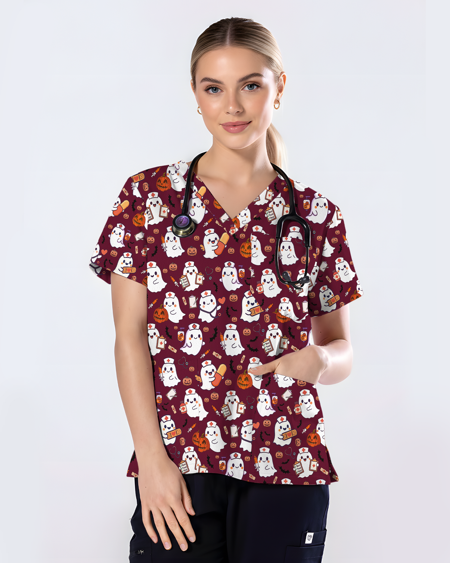 Spooky Cute Ghost Nurse Halloween Scrub Top