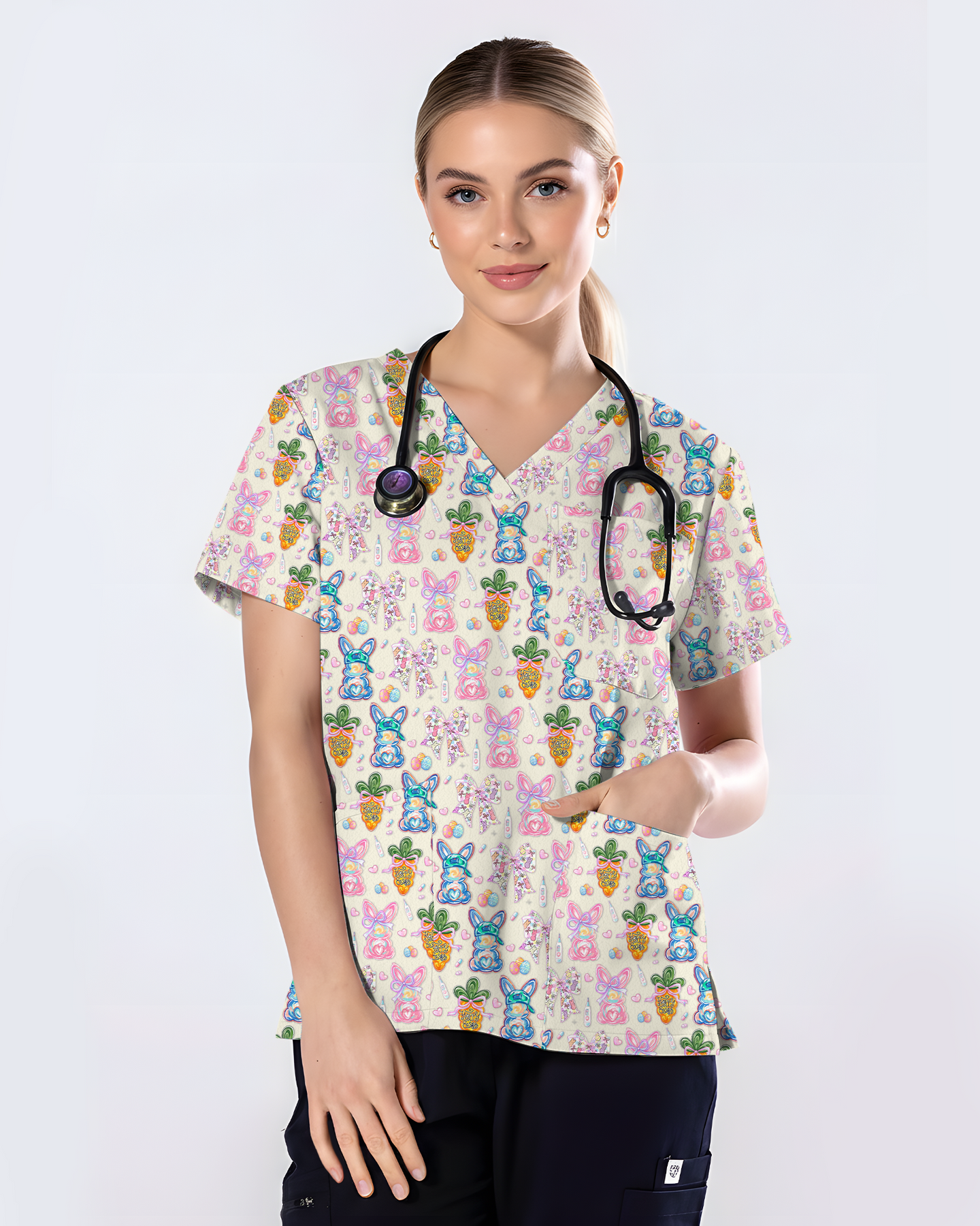 Vintage Floral Bunny Coquette Nurse Scrub Top