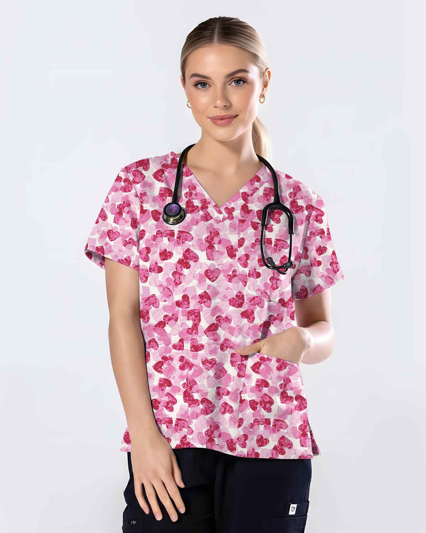 Watercolor Pink Hearts Valentine Scrub Top