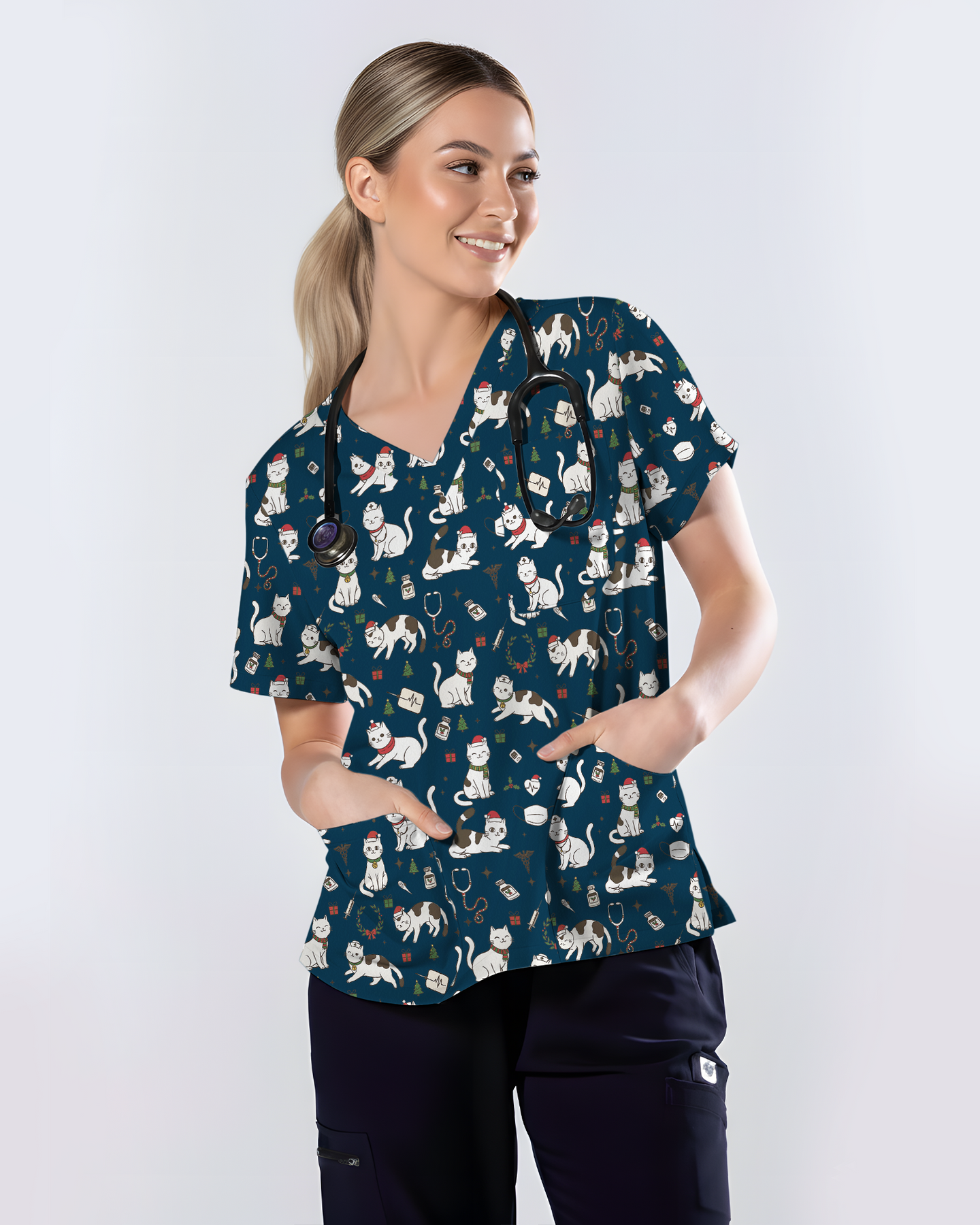 Cute Nurse Cat Christmas Medical Scrub Top