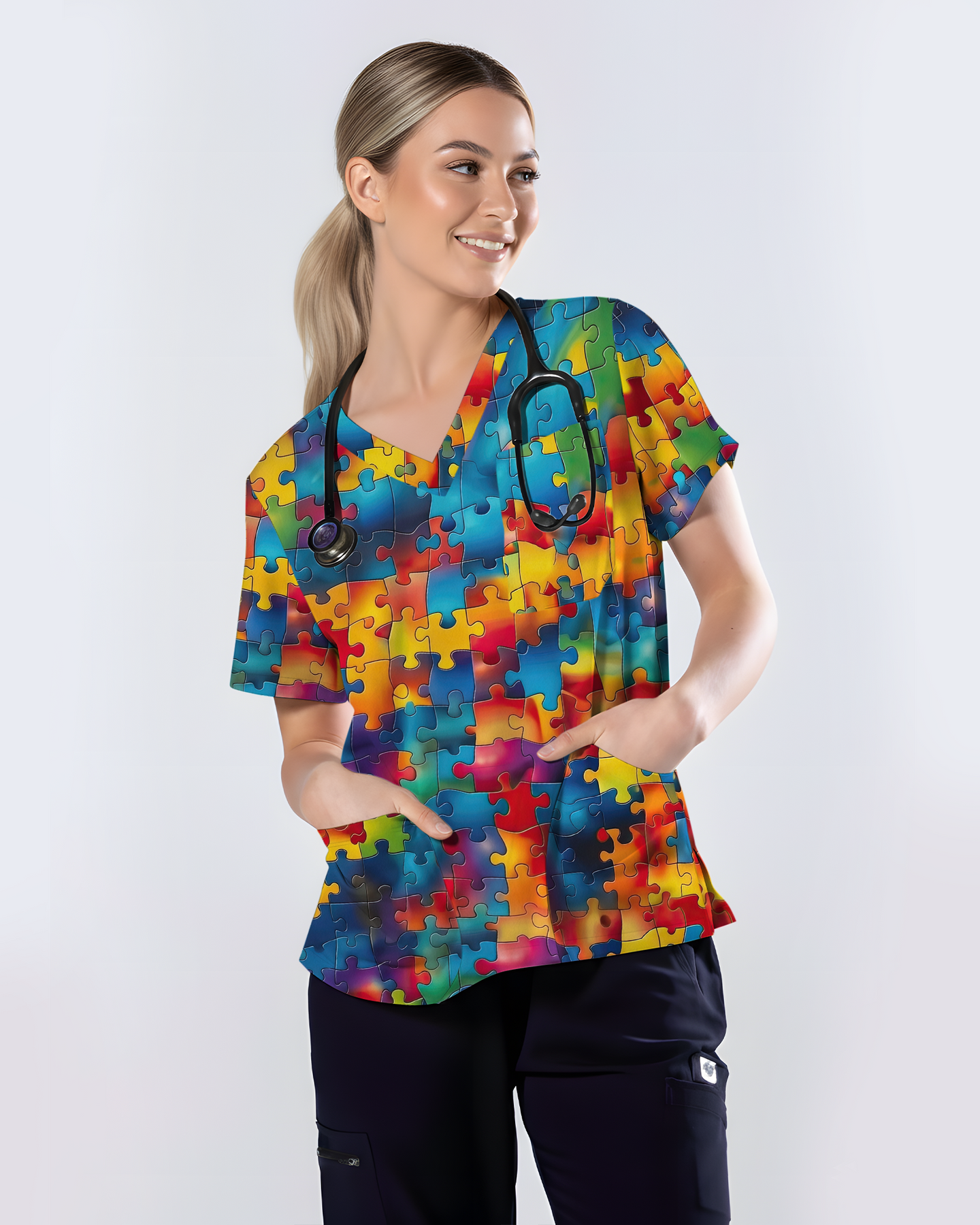 Tie-Dye Autism Awareness Puzzle Nurse Scrub Top