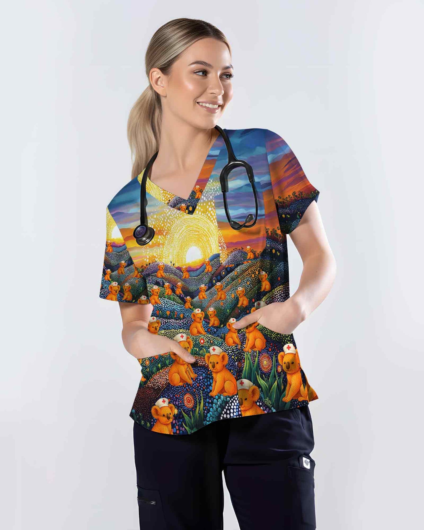 Australian Landscape Koala Nurse Medical Scrub Top