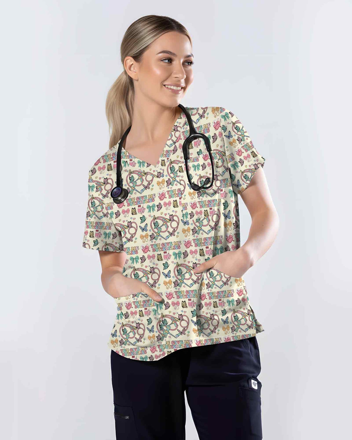 Lovely "You Give Me Butterflies" Nurse Valentine Scrub Top