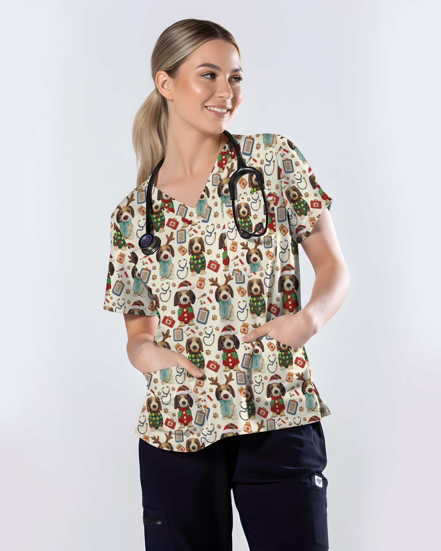Knit Puppy Love Christmas Holiday Nursing Scrub Top