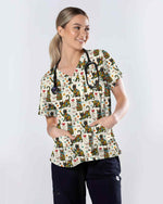 Floral Black Cat Medical Scrub Top