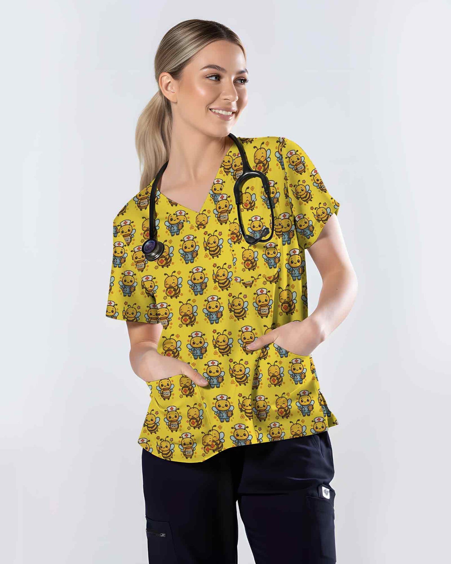 Yellow Cute Honey Bee Nurse Medical Scrub Top