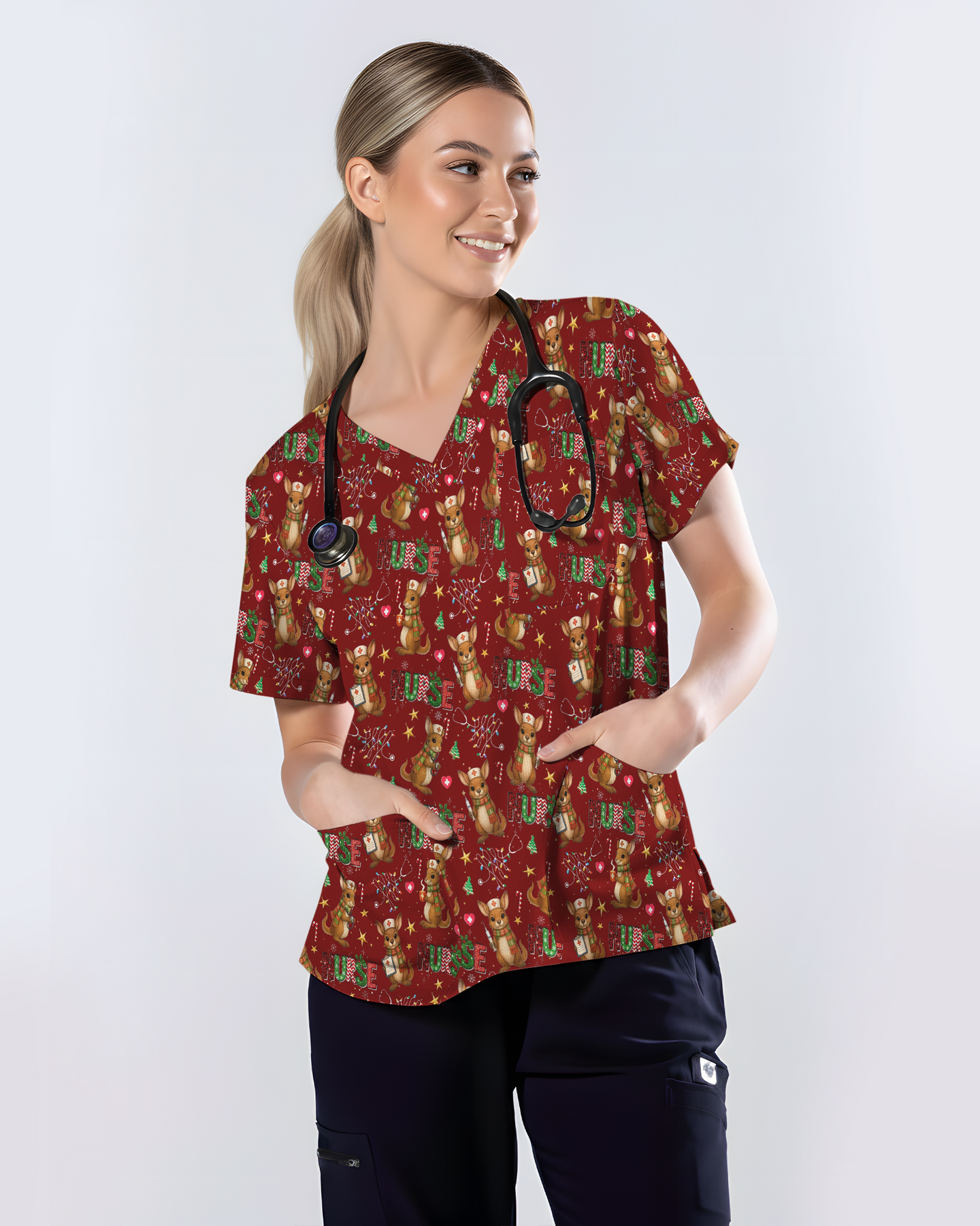 Cute Xmas Kangaroo Medical Scrub Top