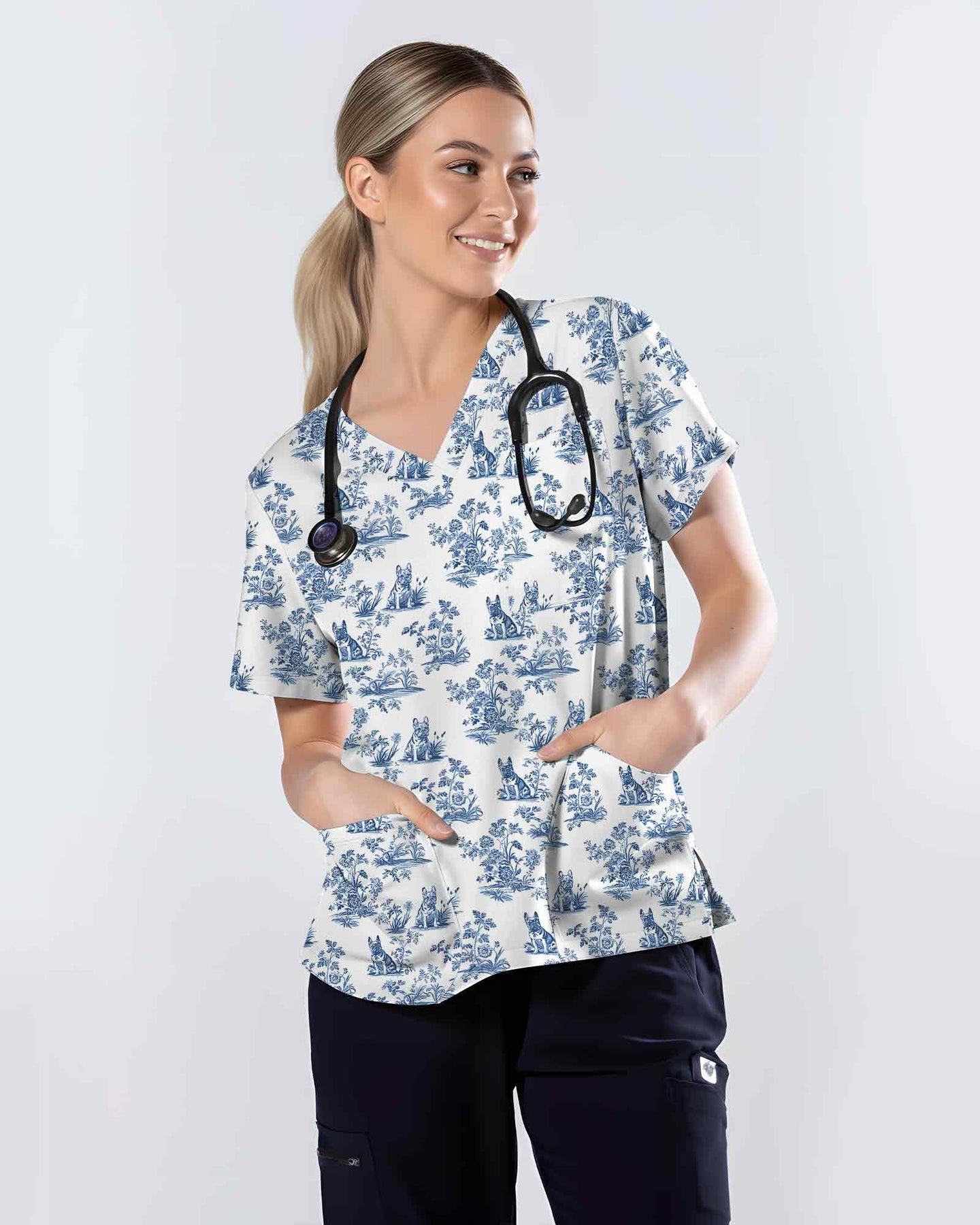 Blue Toile French Bulldog Scrub Top
