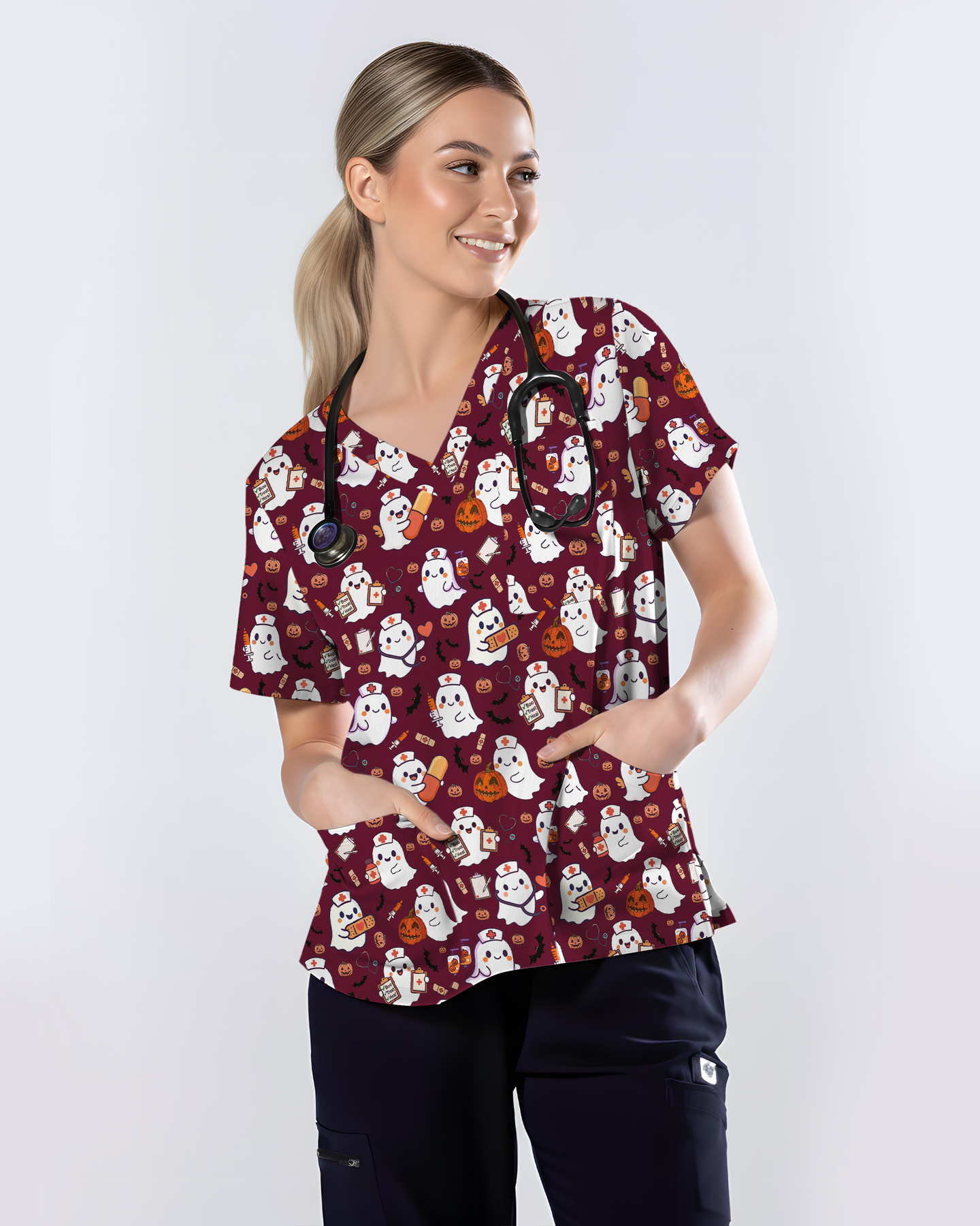 Spooky Cute Ghost Nurse Halloween Scrub Top