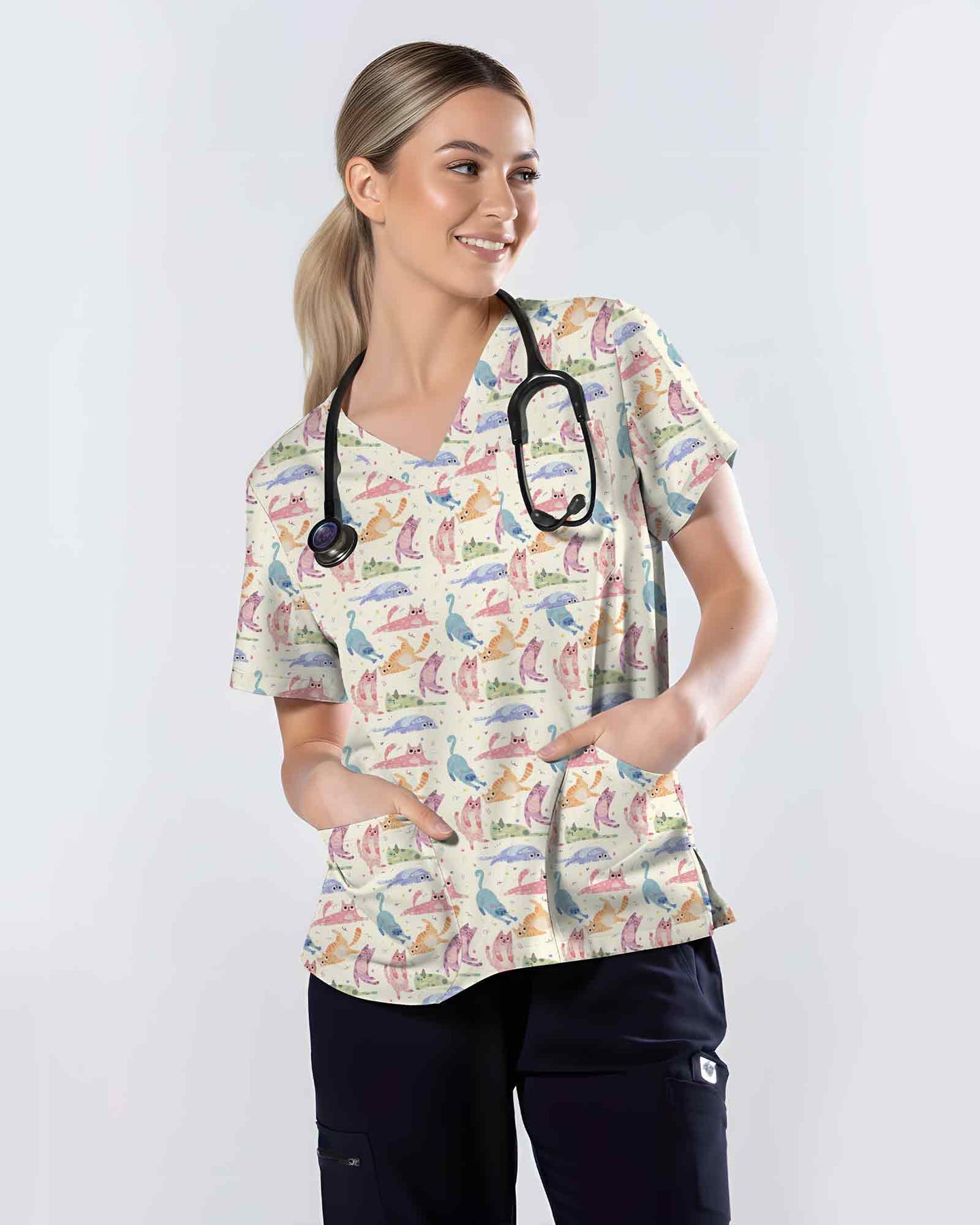 Cute Colorful Cats Medical Scrub Top