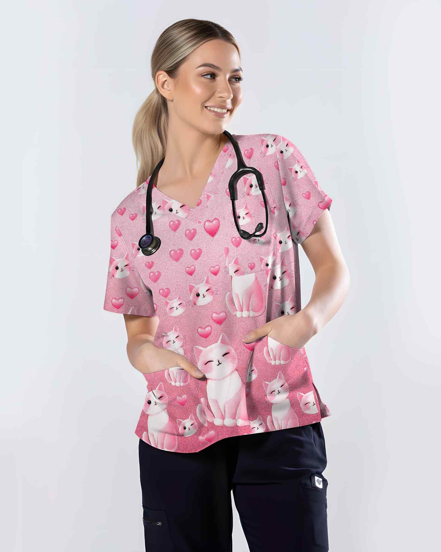 Cute Cats and Hearts Valentine Scrub Top