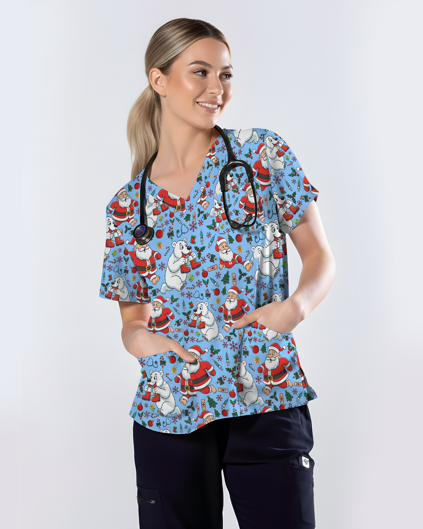 Santa and Polar Bear Christmas Holiday Nursing Scrub Top