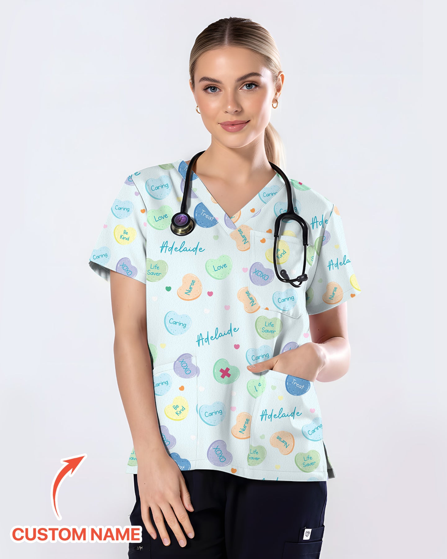 Personalized Candy Hearts Nurse Style Women Scrub Top