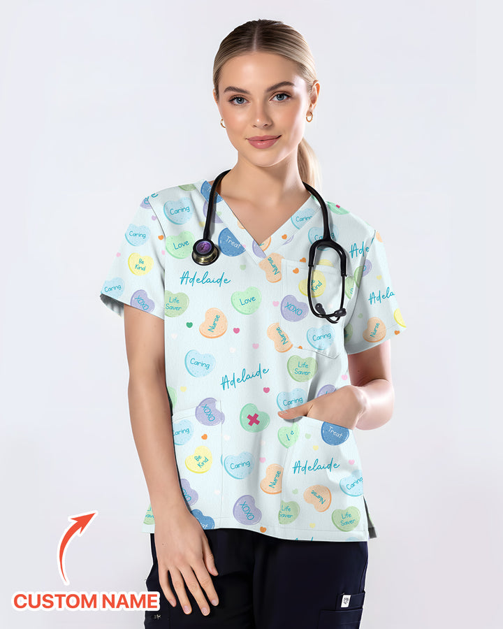 Personalized Candy Hearts Nurse Style Women Scrub Top
