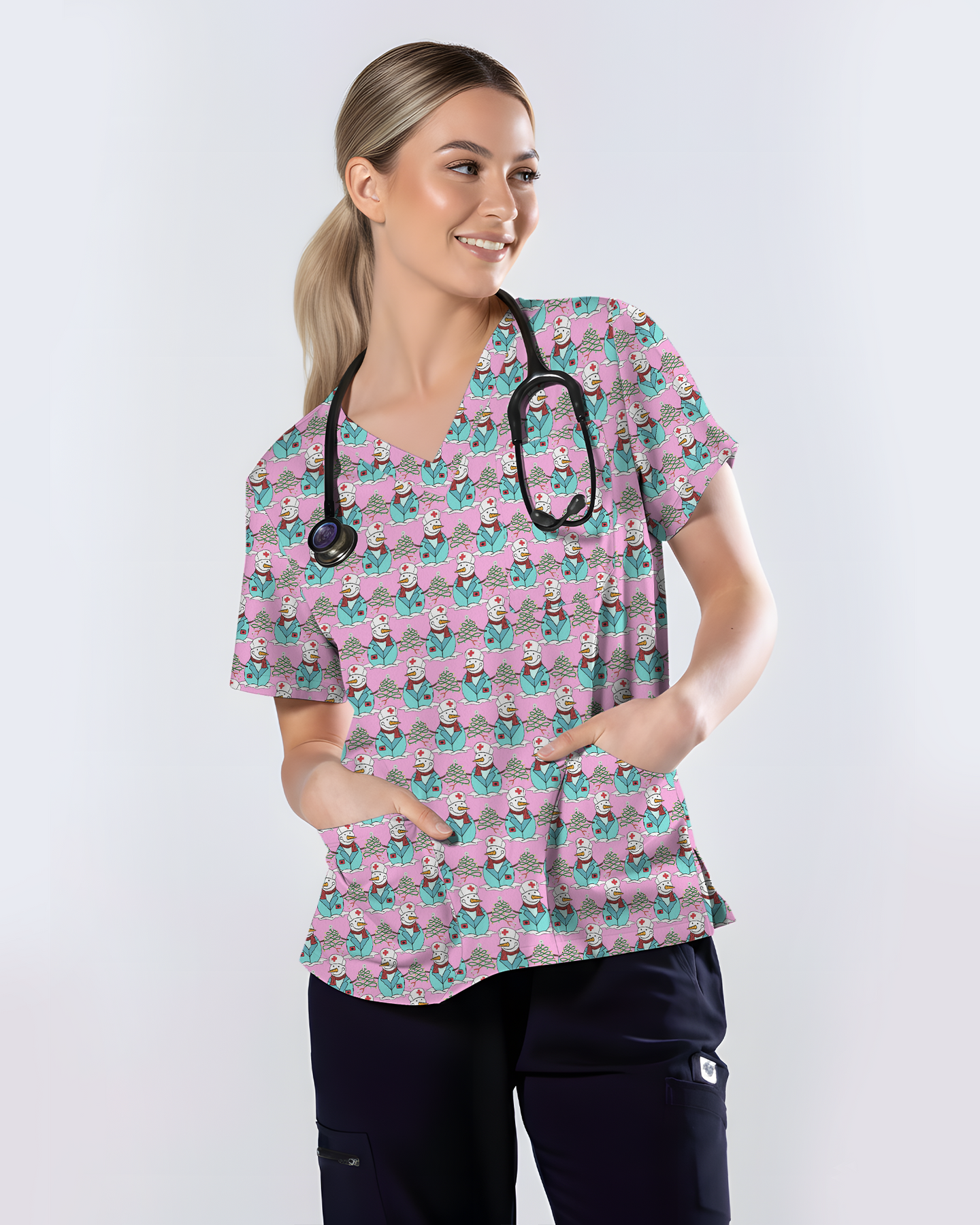 Cute Snowman Christmas Medical Nurse Scrub Top
