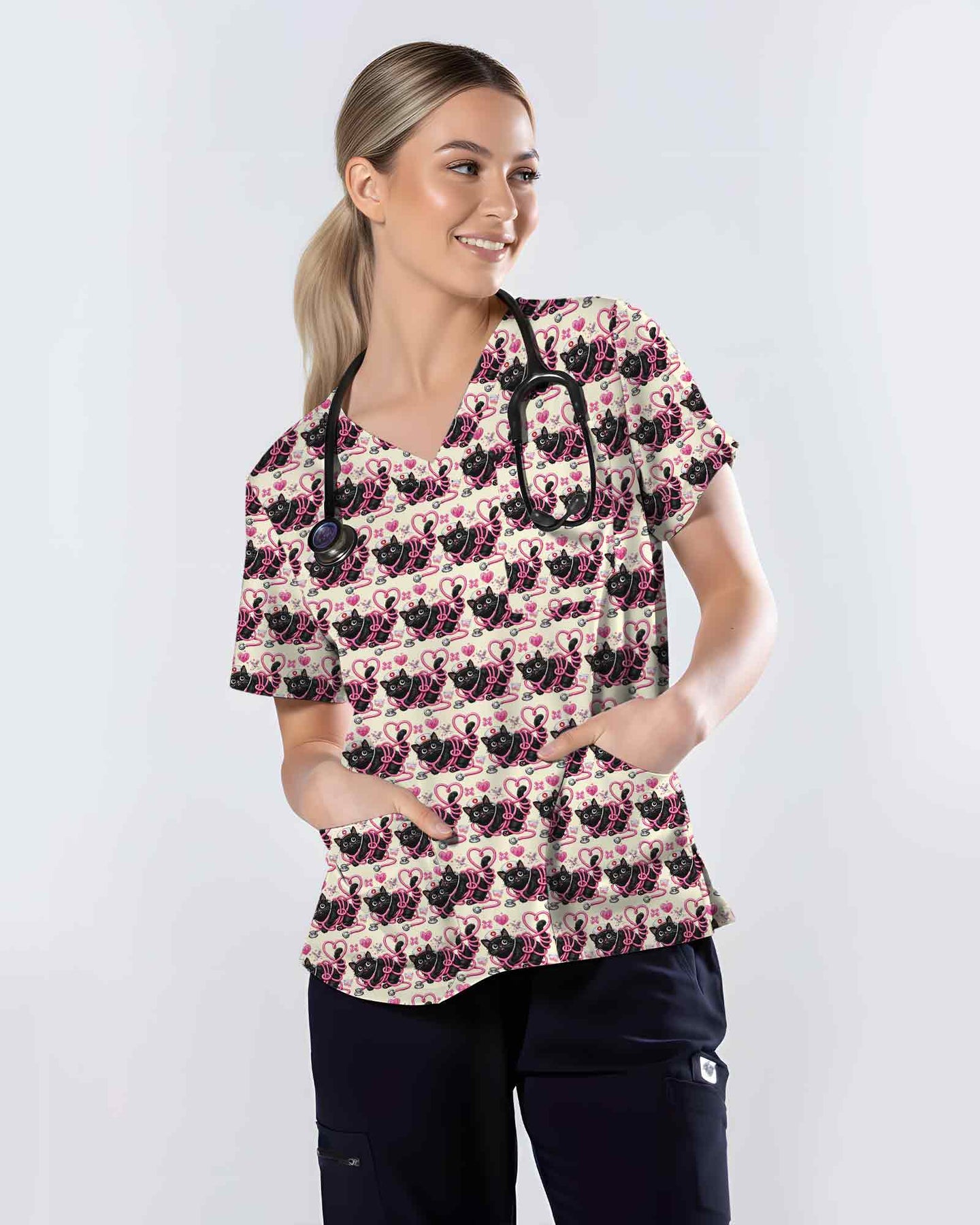 Black Cat Heart Stethoscope Medical Scrub Top