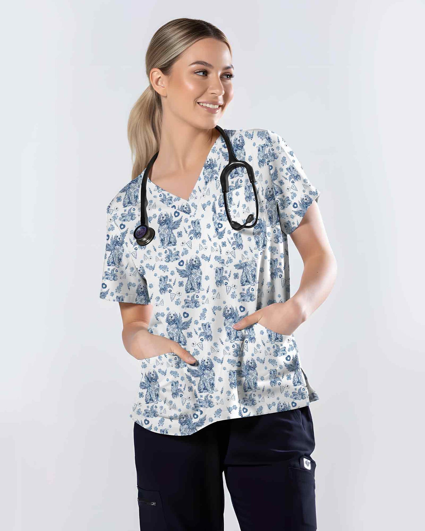 Blue Toile De Jouy Angel Dog Scrub Top