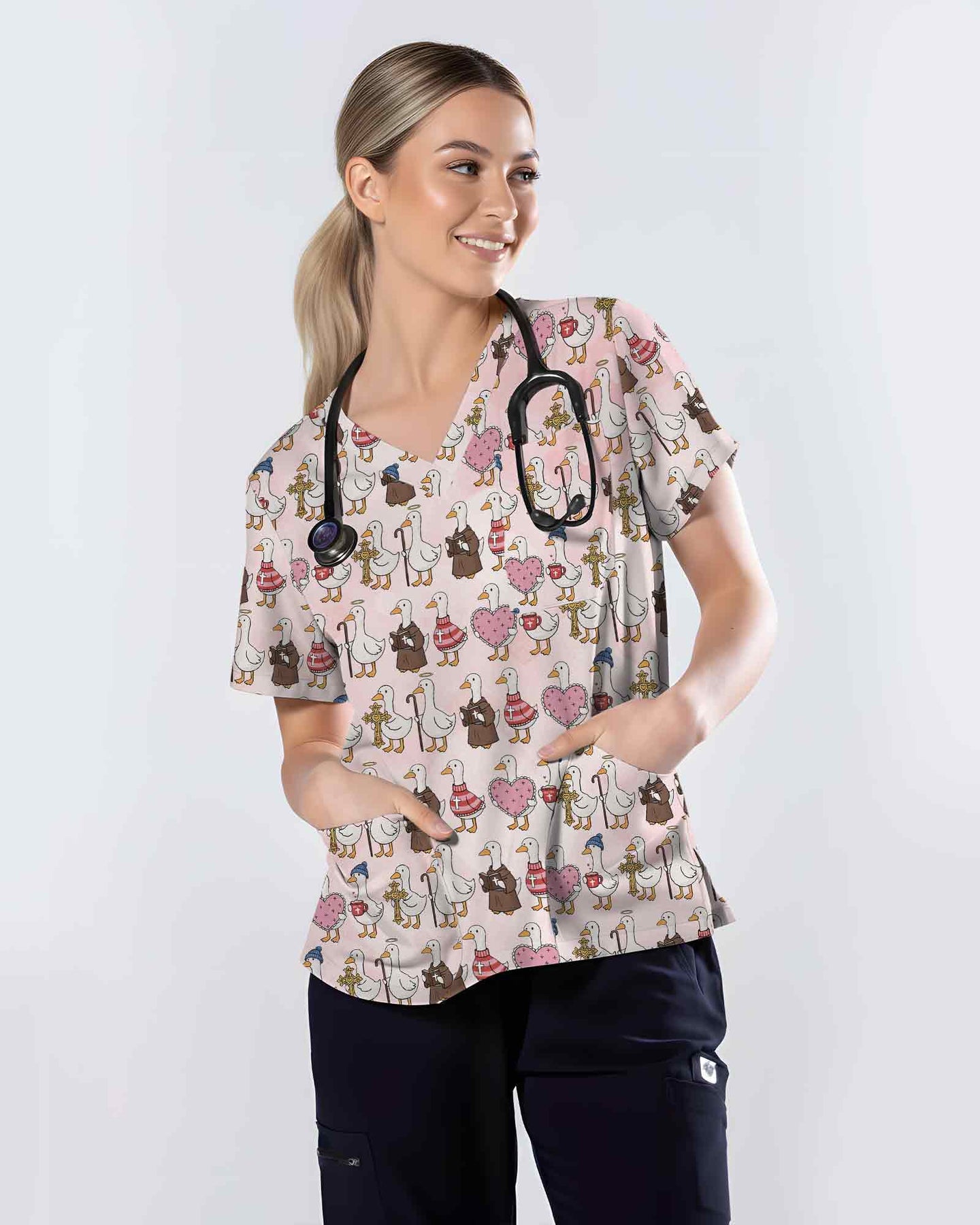Pink Christian Goose Faith Valentine Medical Scrub Top