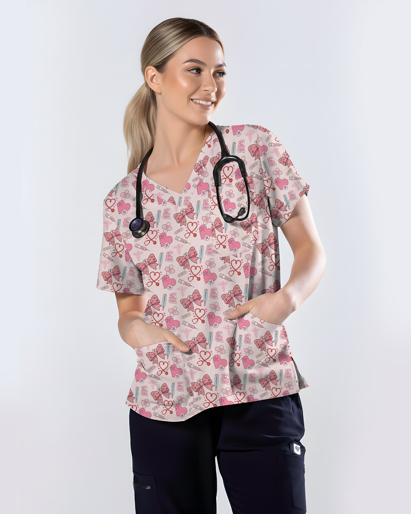 Pink Coquette Bow Nurse Life Scrub Top