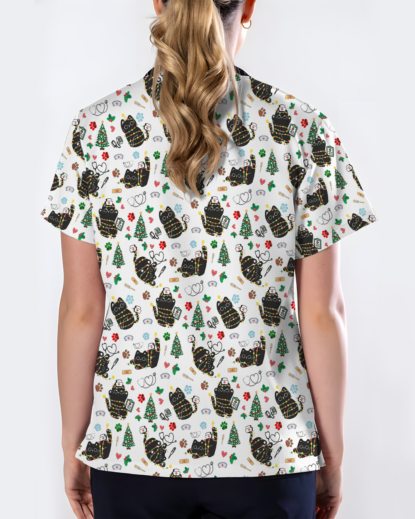 Cute Black Cat Christmas Medical Scrub Top