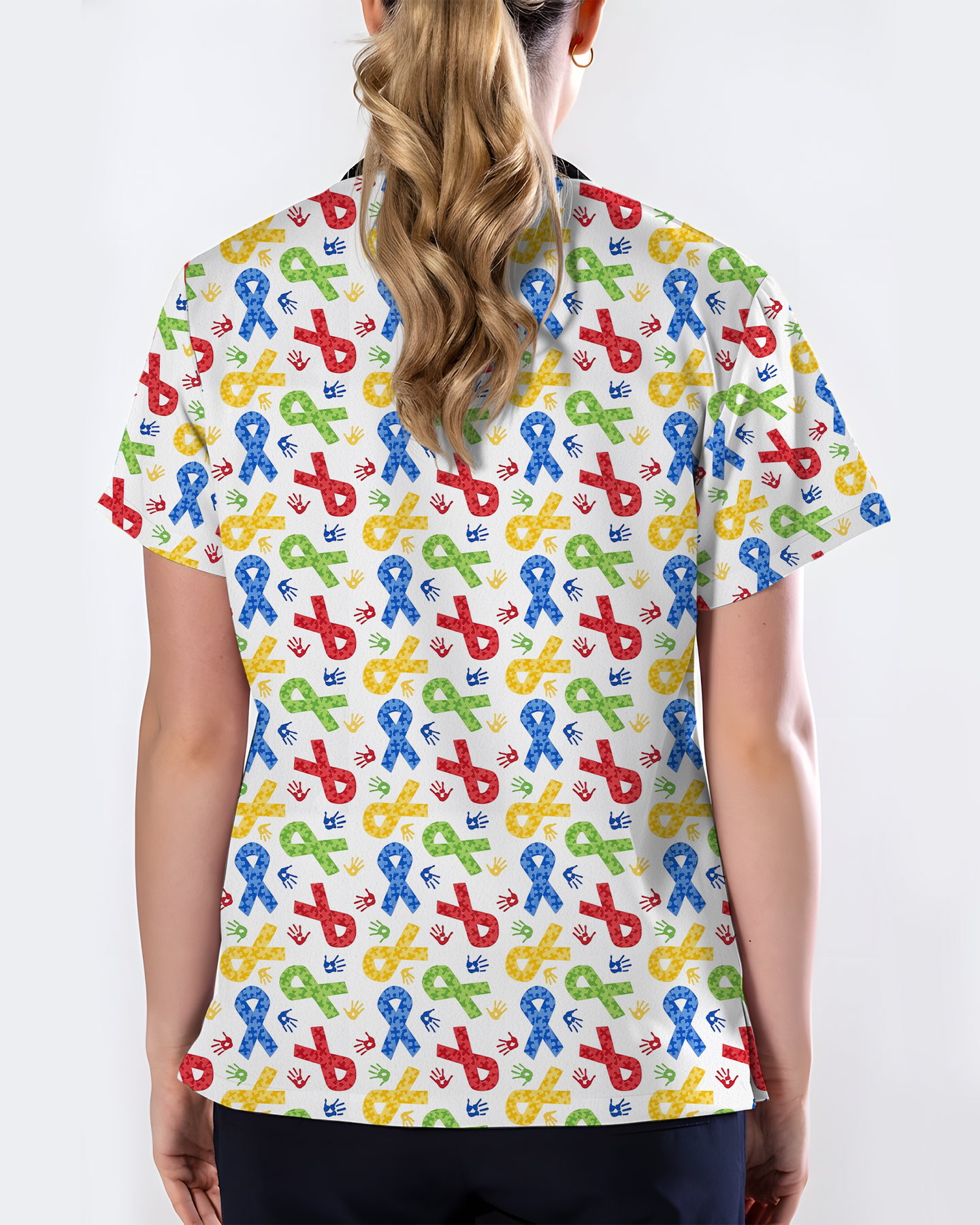 Autism Awareness Ribbon & Handprint Nurse Scrub Top