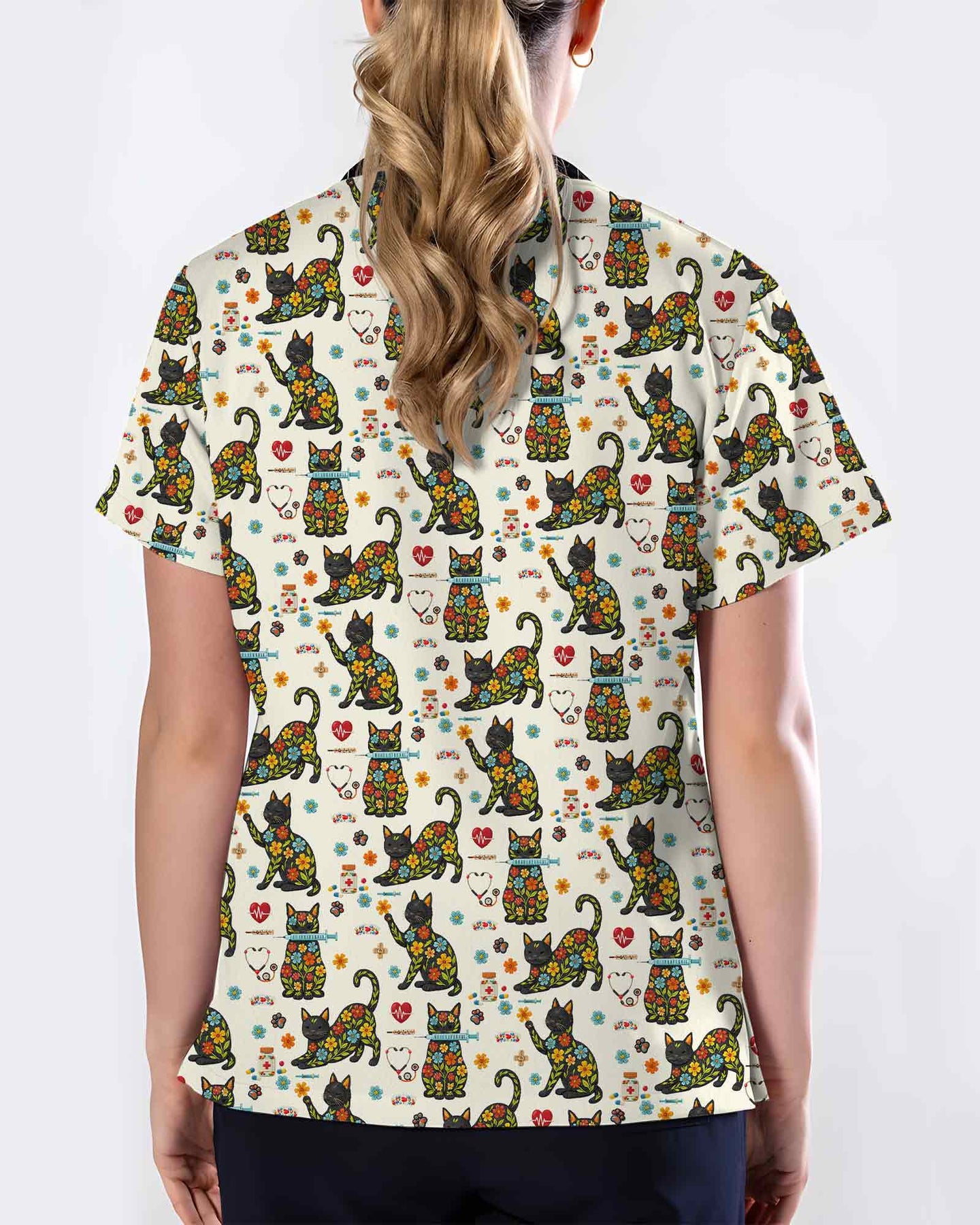 Floral Black Cat Medical Scrub Top
