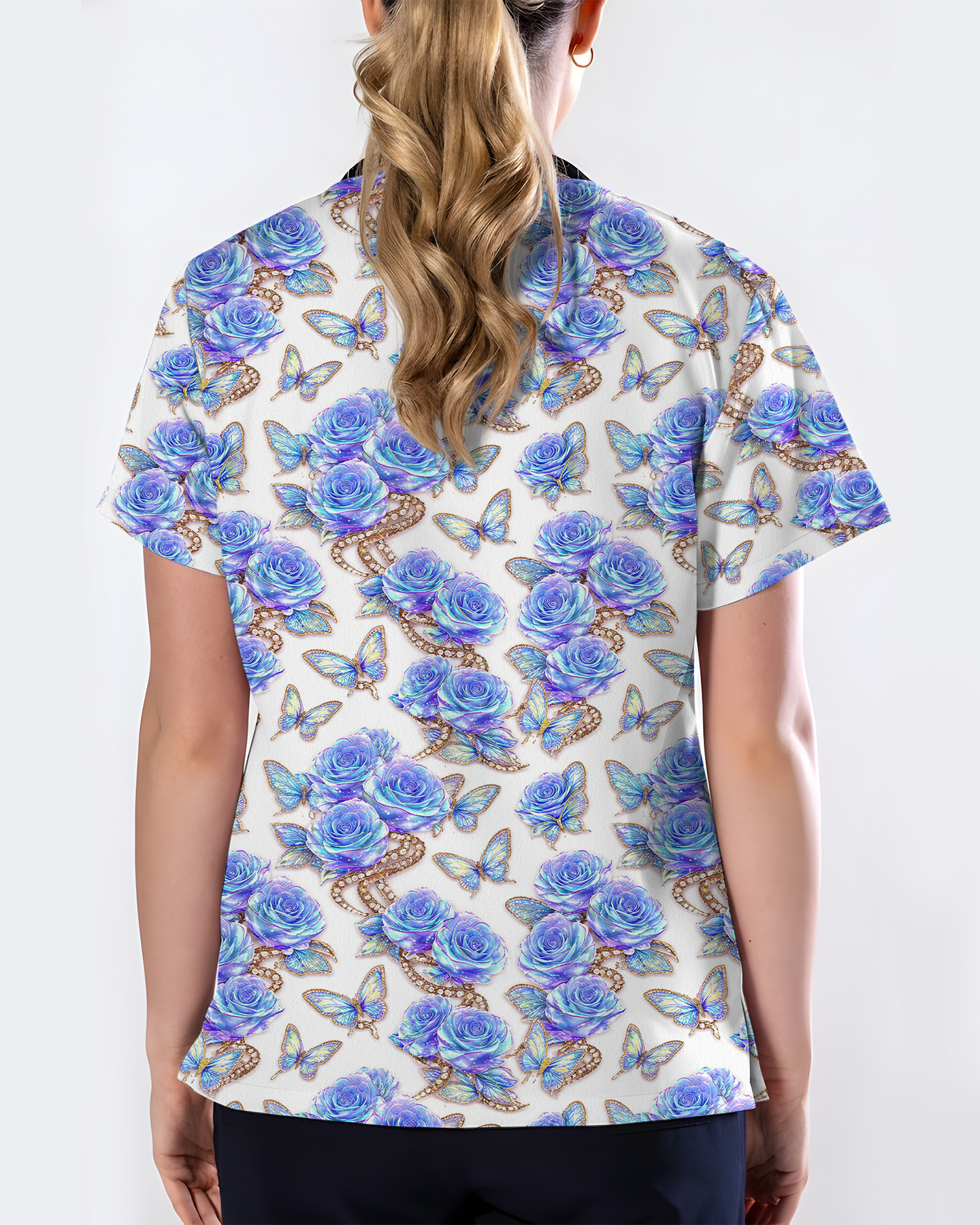 Blue Rose Jewelry & Butterfly Nurse Scrub Top