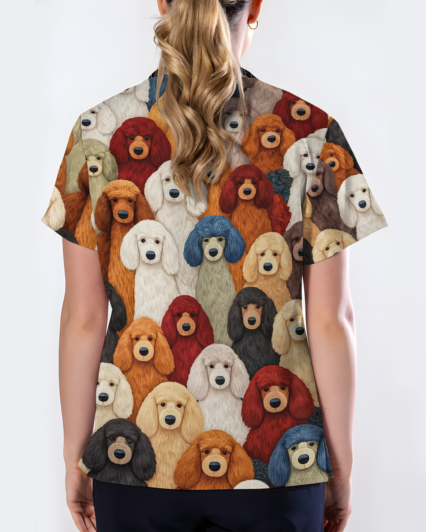 Adorable Colorful Poodles All Over Medical Scrub Top