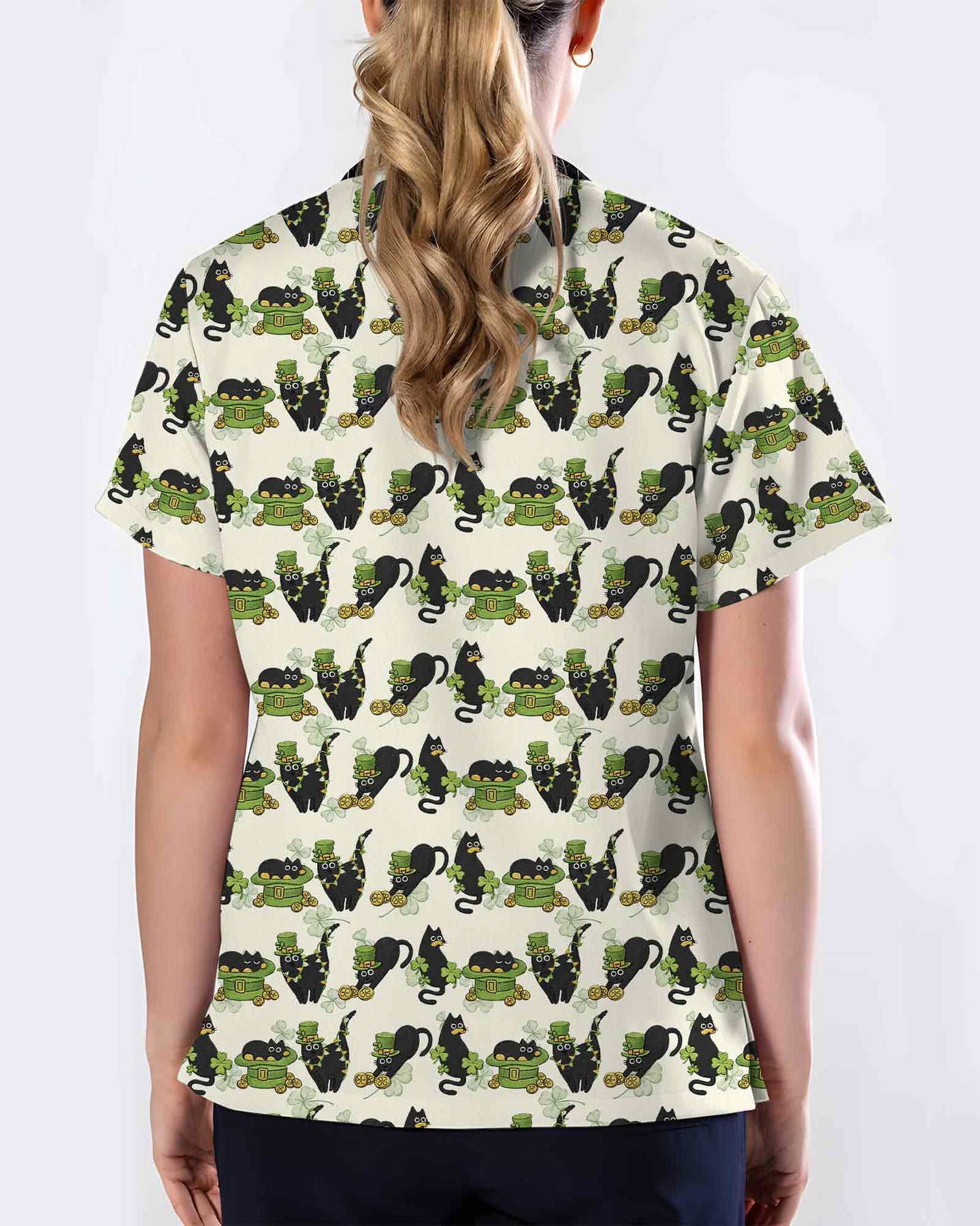 Black Cat Leprechaun Hat Medical Scrub Top