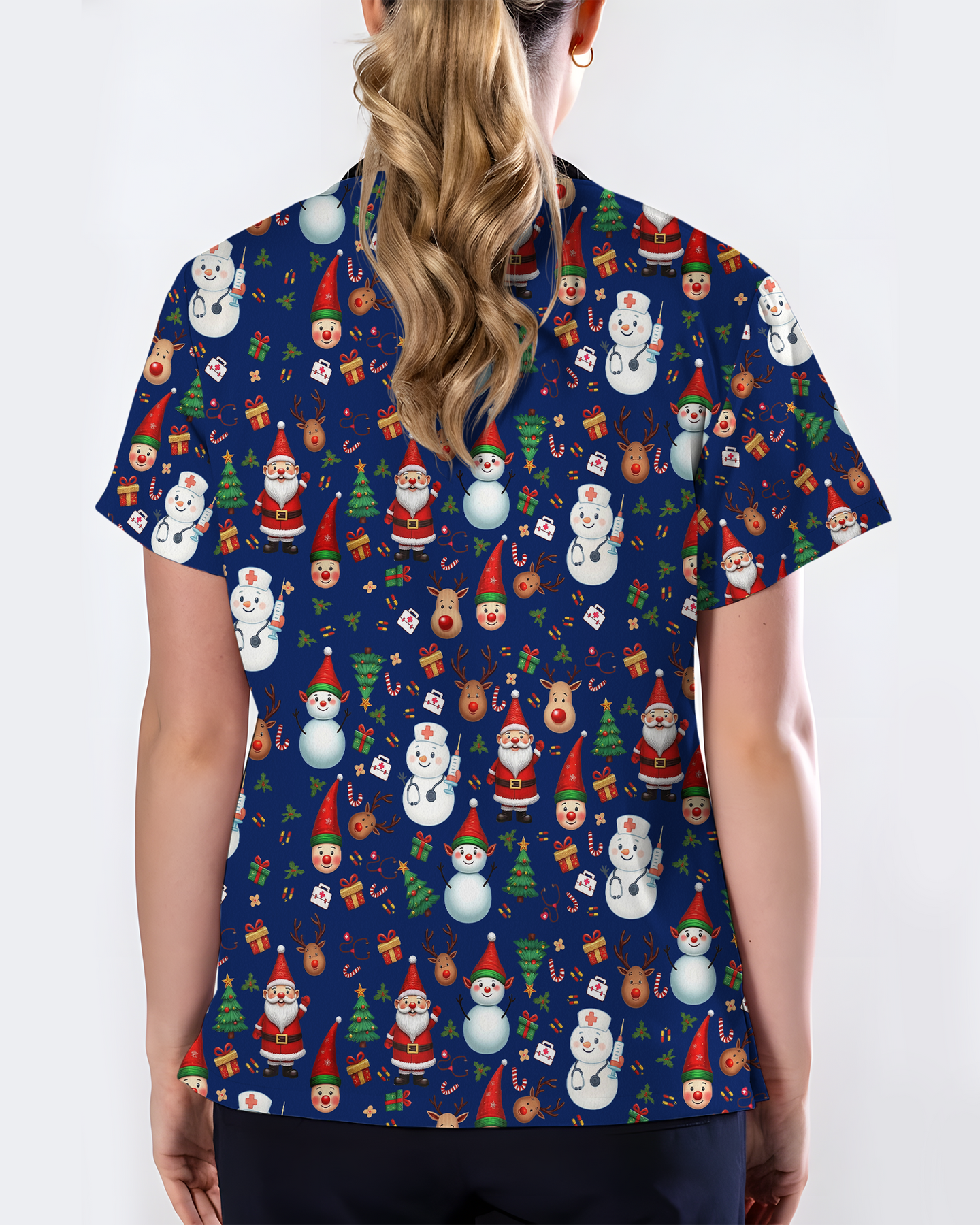 Cute Christmas Rudolph & Santa Medical Scrub Top