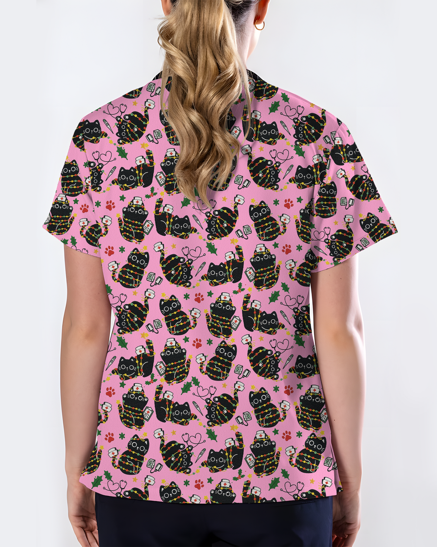 Merry Catmas Christmas Lights Black Cat Scrub Top