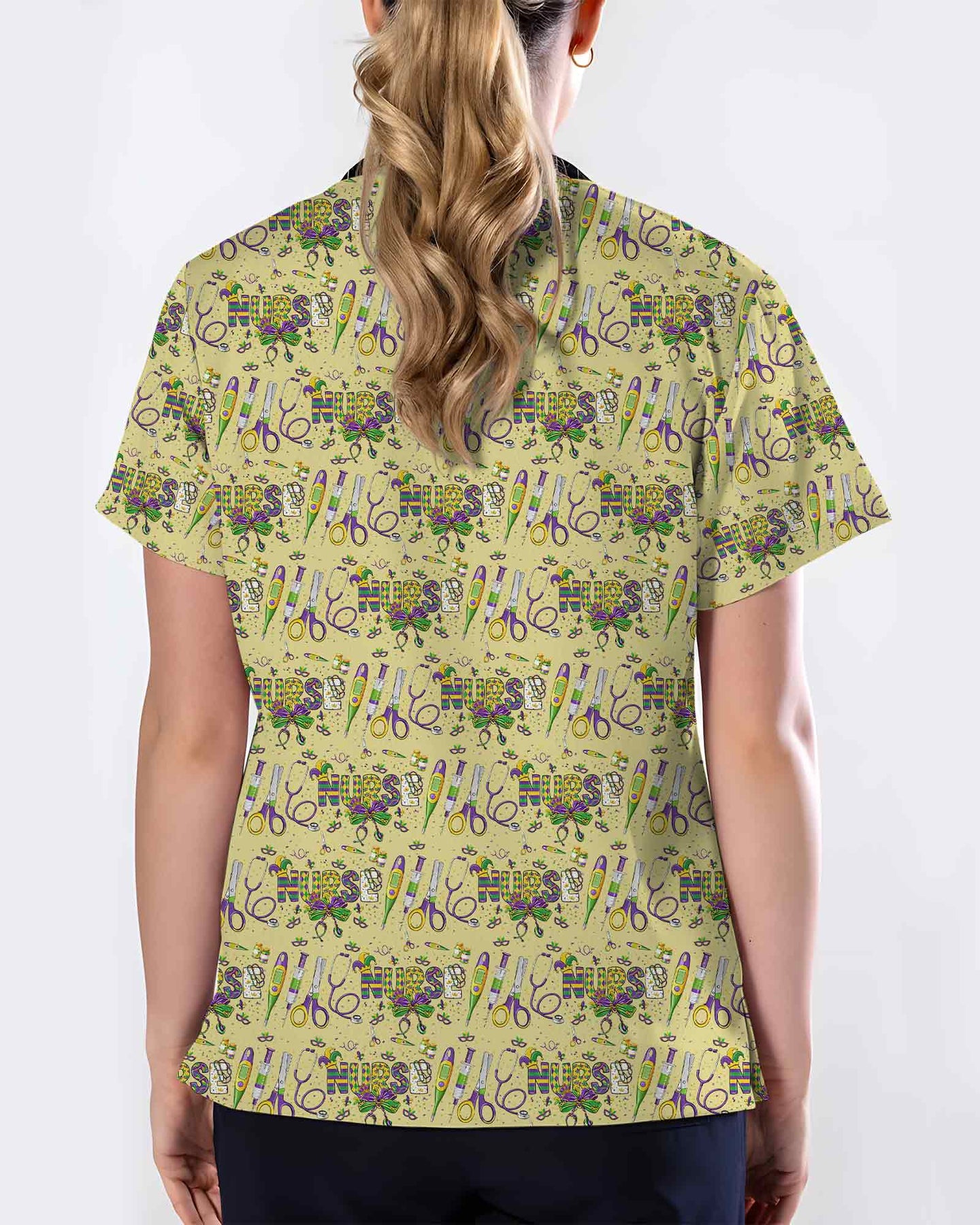 Festive Mardi Gras Typography Nurse Scrub Top