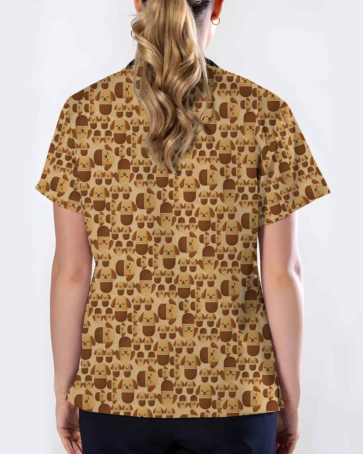 Brown Cute Dog Pill Capsule Scrub Top