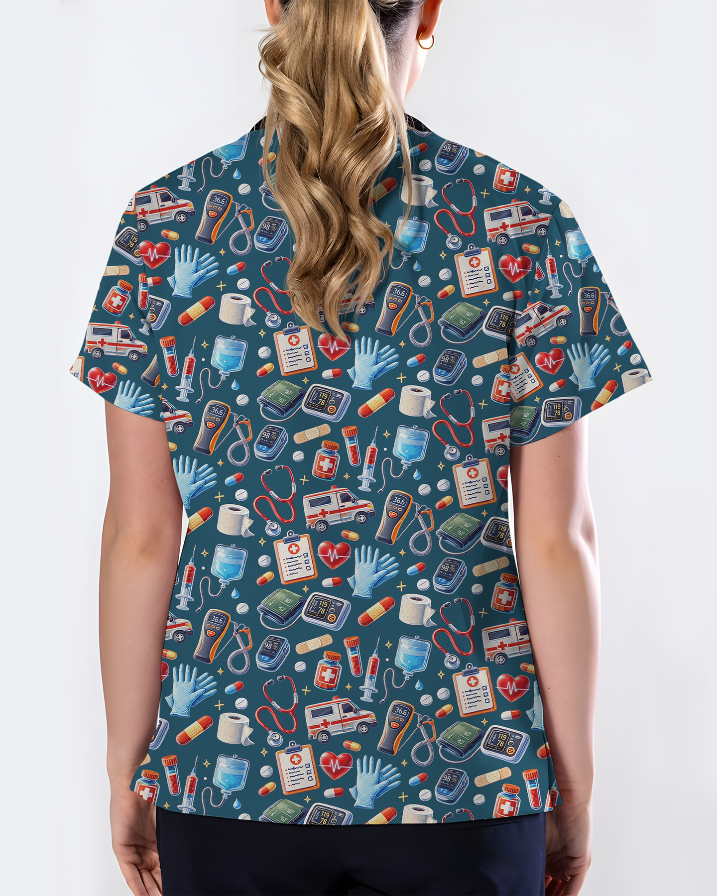 Cute Ambulance and Stethoscope Medical Scrub Top