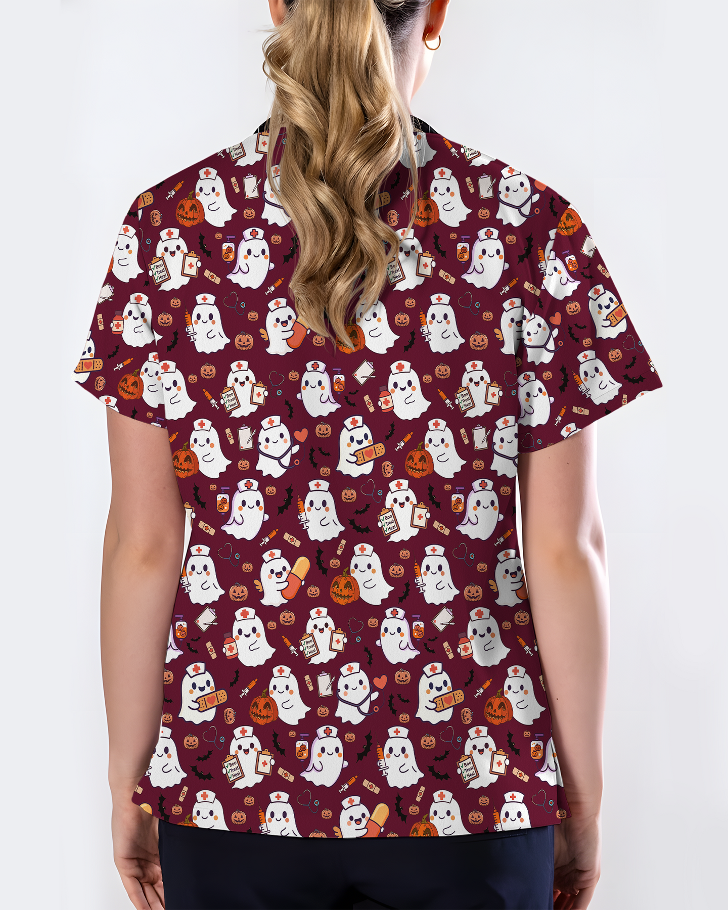 Spooky Cute Ghost Nurse Halloween Scrub Top