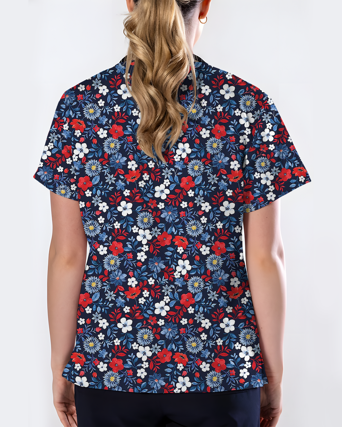 Patriotic Navy Floral Nursing Scrub Top