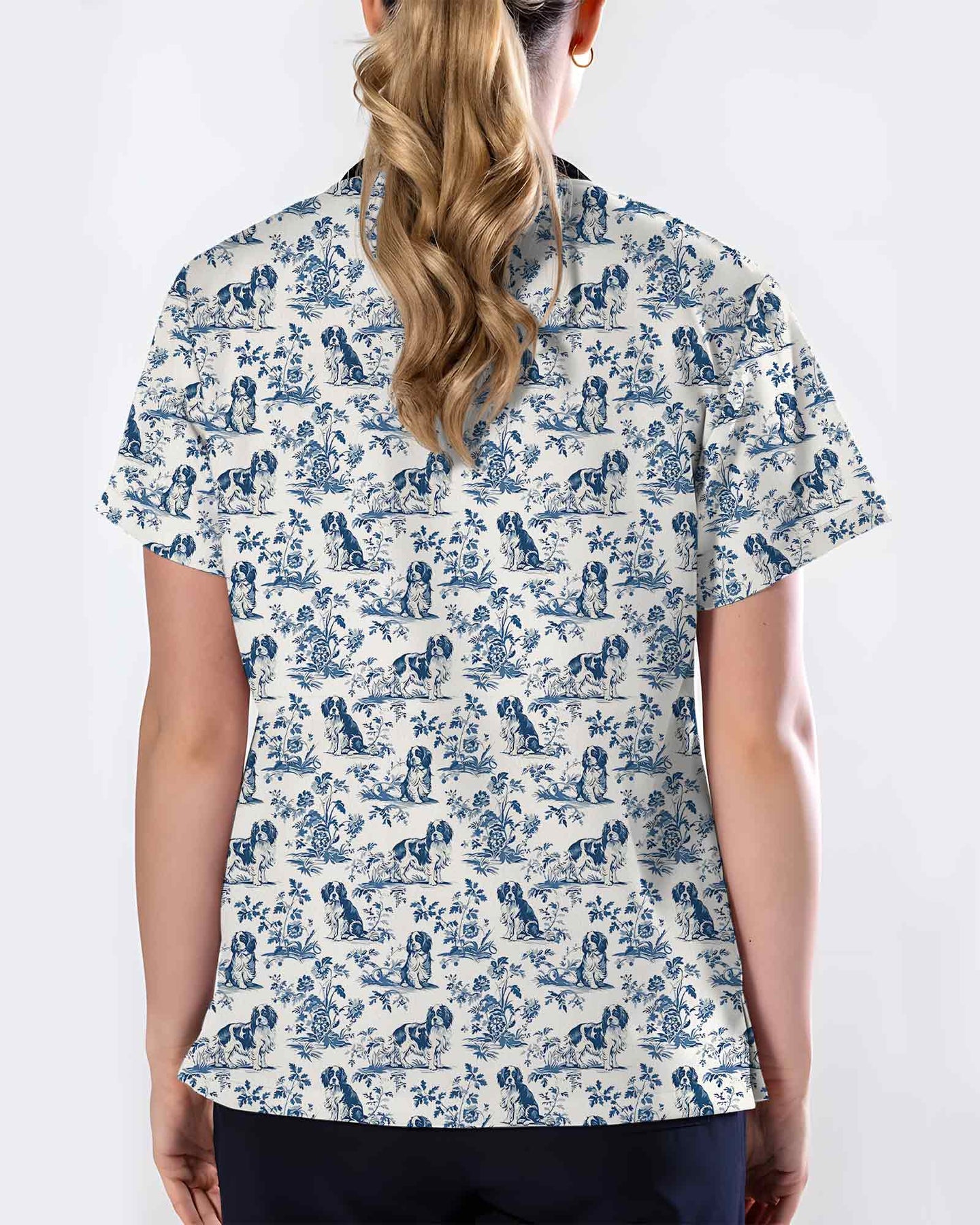 Blue Toile Cavalier King Charles Spaniel Scrub Top