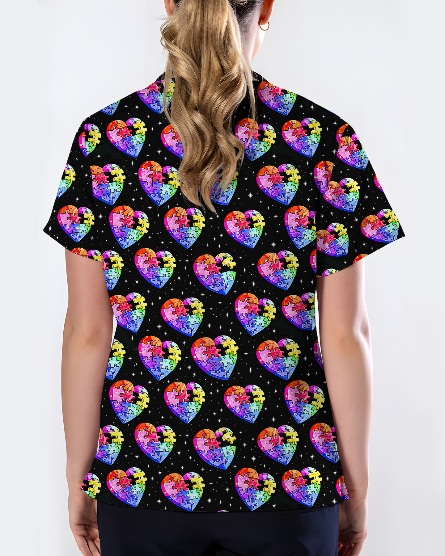 Autism Awareness Rainbow Puzzle Heart Nurse Scrub Top