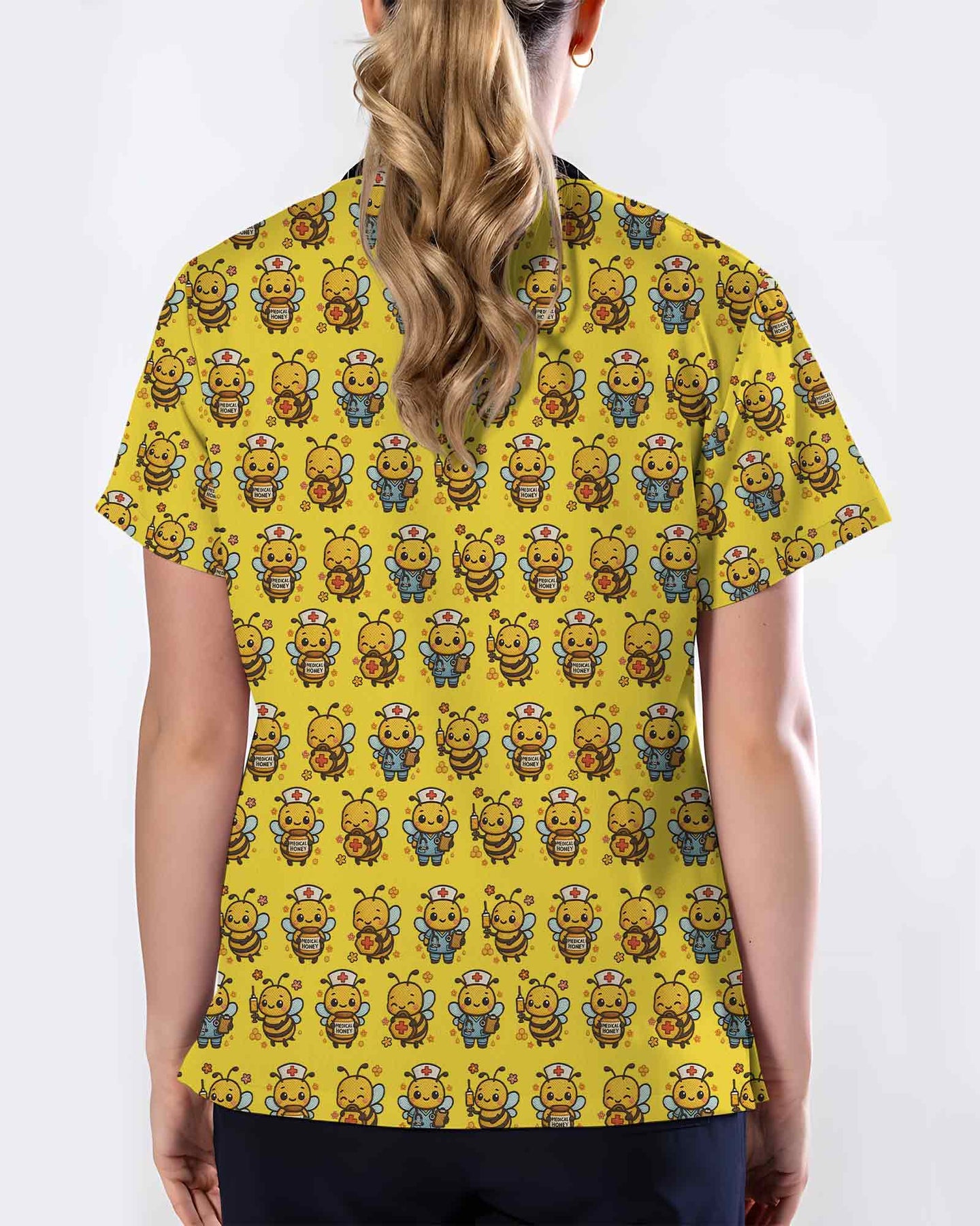 Yellow Cute Honey Bee Nurse Medical Scrub Top