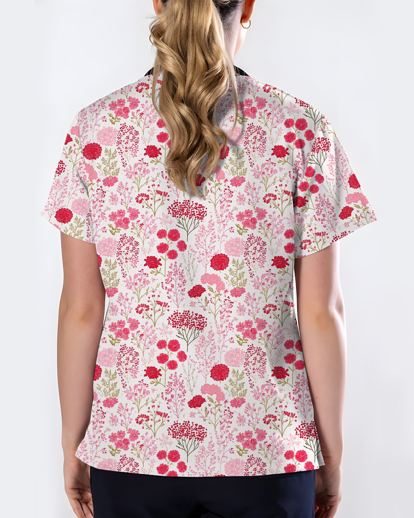 Elegant Pink Roses Diamond Medical Scrub Top